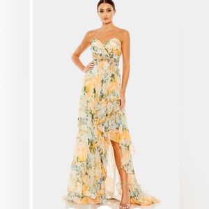 Mac Duggal Ruffled Asymmetrical Hem Strapless Gown